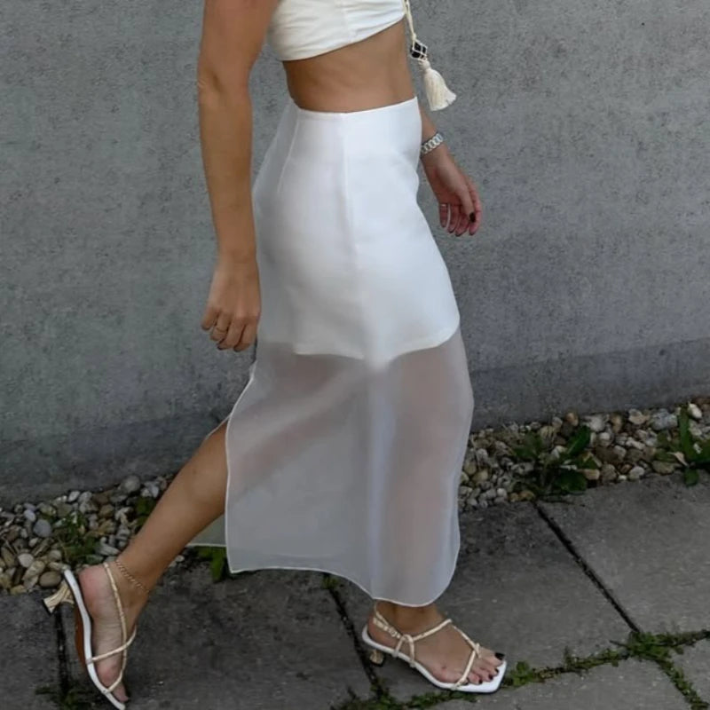 Tsiisd Fashion See-Through High Waist Long Skirt Female Commute Slim Casual Solid Y2k Skirt Summer Women's Mesh Maxi Skirt 2026