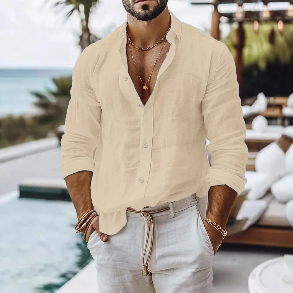 Cotton Linen Shirt for Men Summer Beach Style Solid Color Single Breasted Breathable Shirts Lightweight Stylish Button Tops