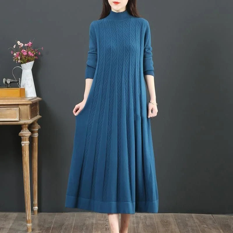 Autumn/Winter Women Knitted Dress 2025 New Solid Loose Pullover Half High Collar Long Knitted Sweater Dress Female High-Quality