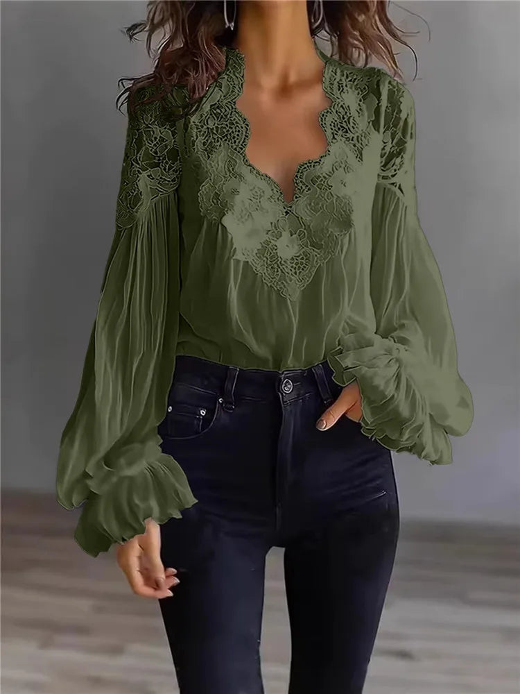 Women's Blouse Black White Elegant Sexy V-Neck Lace Splicing Lantern Sleeve Solid Blouse Fashion Loose Casual Shirts For Female
