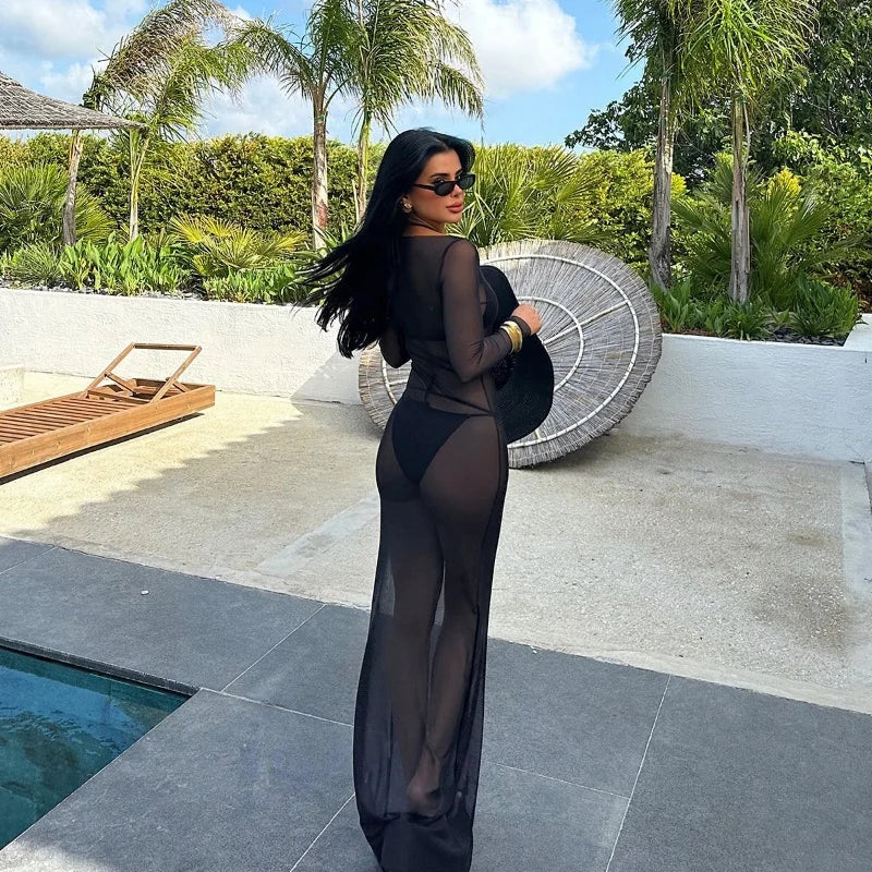 Women Slash Neck Mesh See-Through Dress New Sexy Slim Pullover Long Sleeve Floor-Length Solid Dresses Beach Style Swimsuit Cover