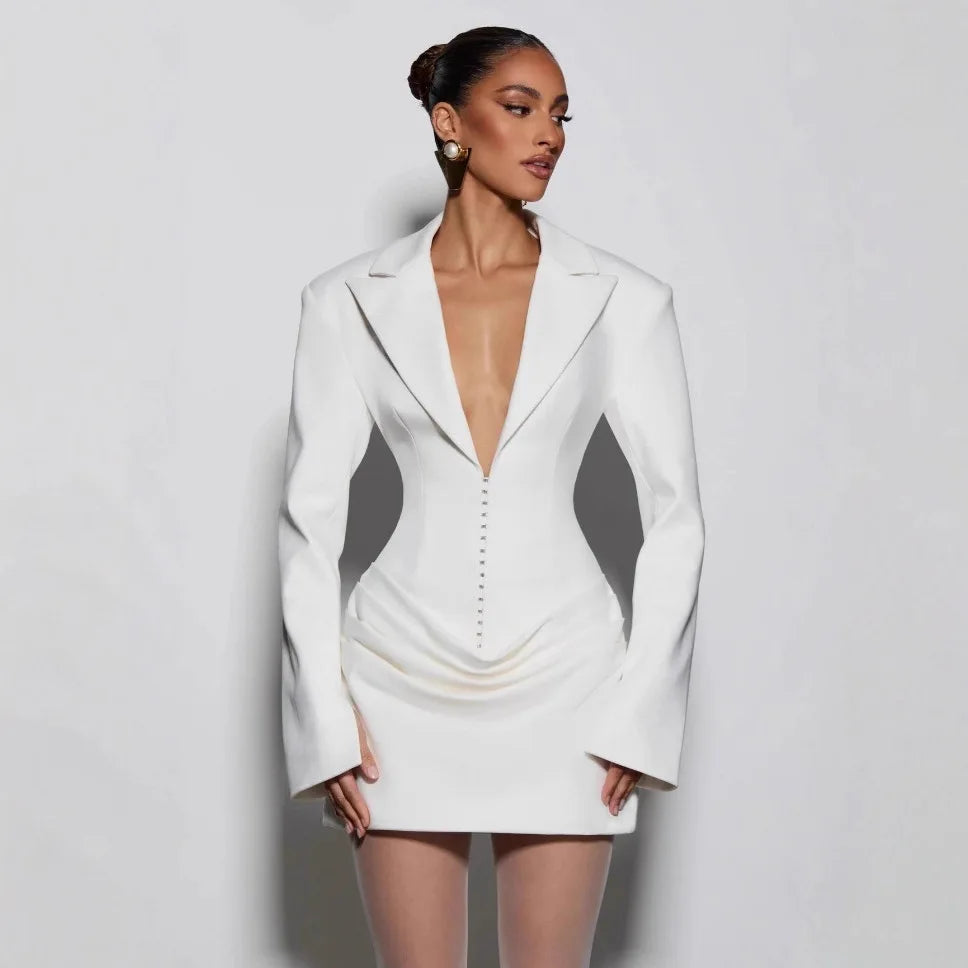 Suninheart Strong Shoulder Blazer Dress for Women Winter Belted Waist Dress Draped Hem Business Evening Dress Party 2025 New