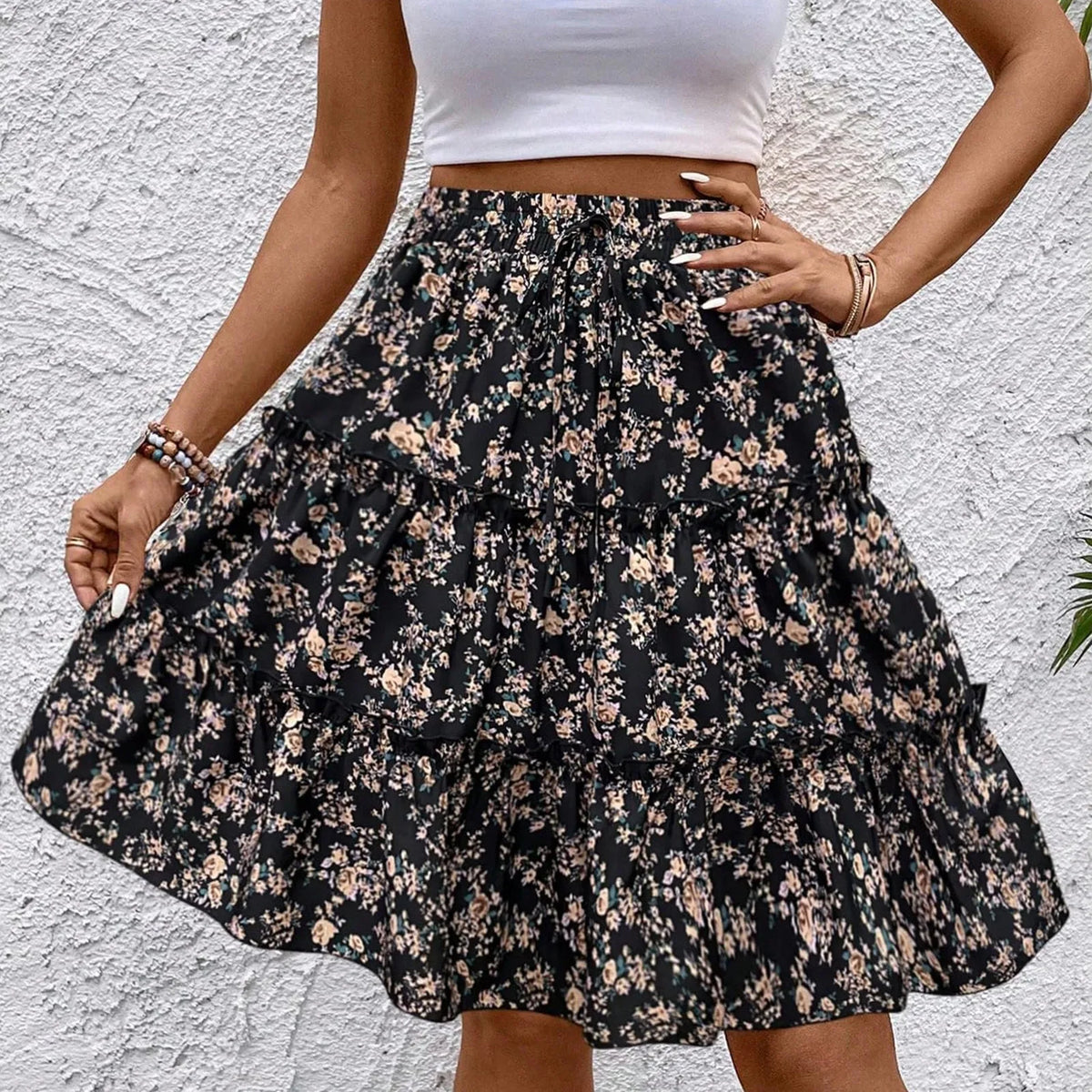 Women's Spliced Cake Skirt Fashionable Floral Print Elastic Waist Strap Versatile Casual Skirts Comfortable knee-length skirt
