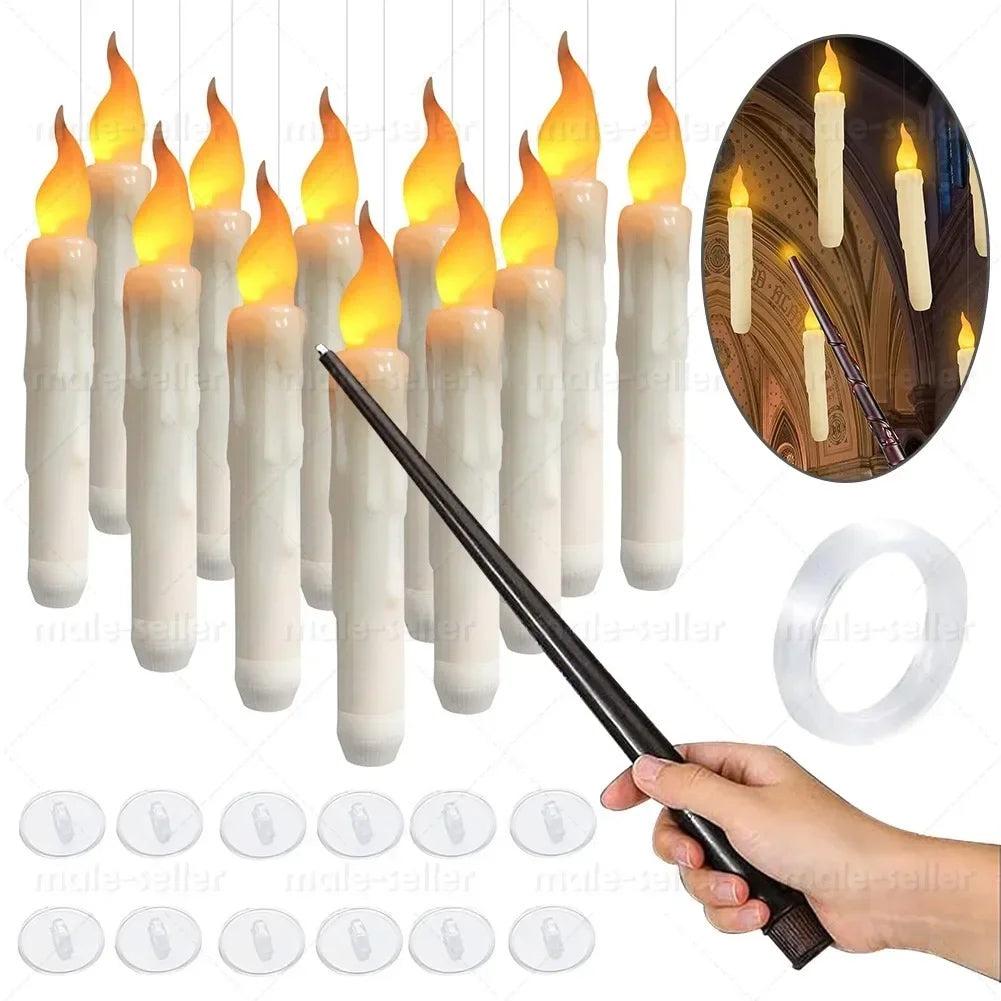 Magical Floating Candles with Wand Remote Control Flameless Hanging Candles for Halloween Wedding Christmas Birthday Party Decor