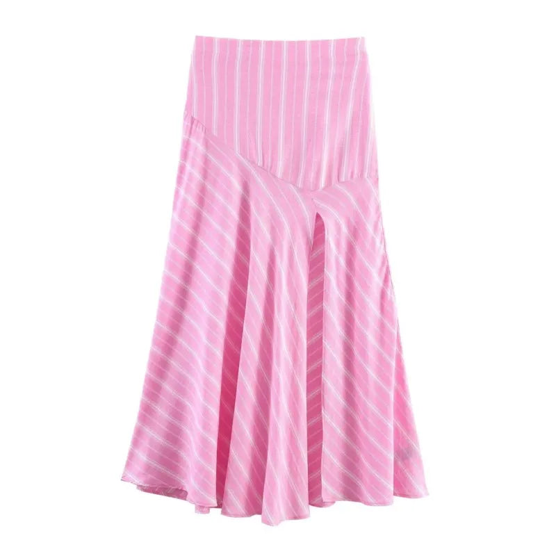 Women's Fashion Skirt Set 2 Piece Set Pink Oversize Long Sleeve Striped Shirt & Zipper Splicing Pleated Midi Skirt Female Outfit