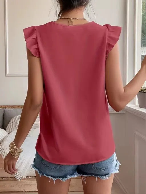 Elegant women's blouse with lace, sleeveless, summer tunic, office-appropriate, V-neck blouse