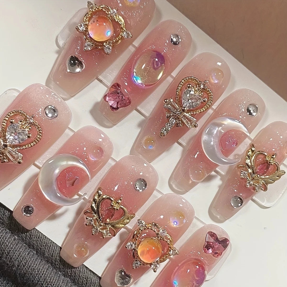 10PCS Handmade Press On Nails Japanese all-match pink ultra-glitter mid-step false nails