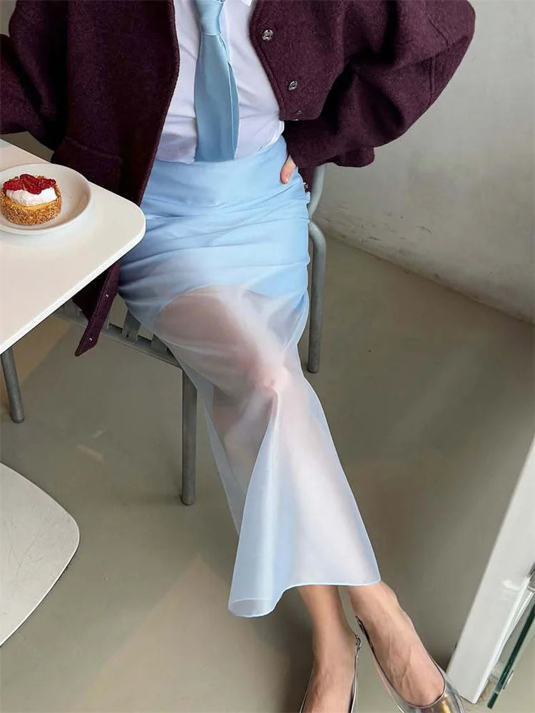 Tossy Summer See-Through High Waist Long Skirt Female Slim Patchwork Casual Solid Commute Y2k Skirt Women's Mesh Maxi Skirt 2025