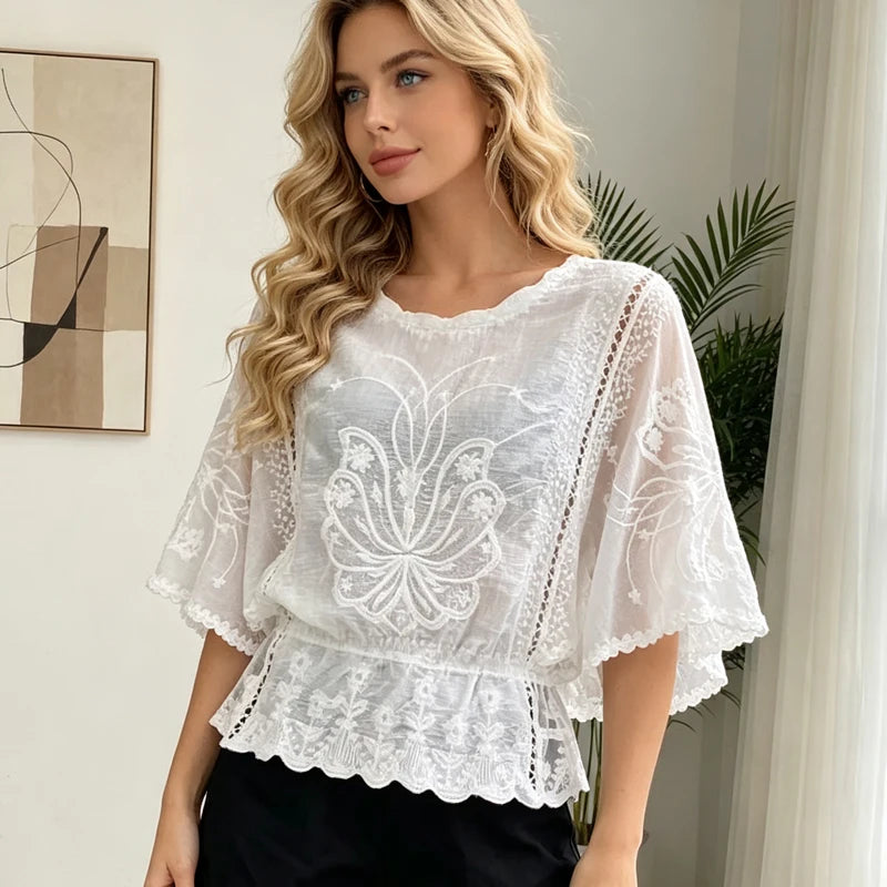 Women's Blouse Summer Fashion Elegant Women's Chiffon Shirt Hollow Out Three Quarter Shirts Butterfly Flower Lady Tops Clothing