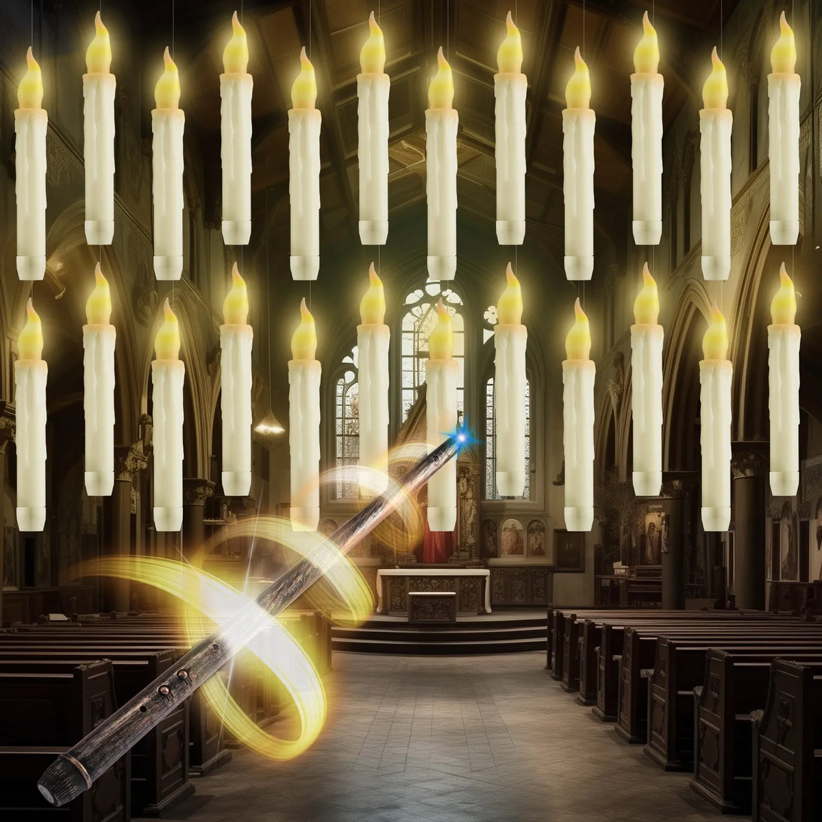 Magical Floating Candles with Control Wand Realistic Flickering LED Flameless Candles for Magic Themed Party and Wedding Decor