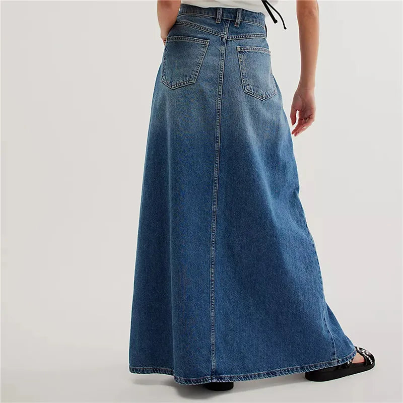 Vintage Women Denim Maxi Skirt Raw Hem A-Line Jean Skirt Casual Y2K Fashion High Waisted Long Denim Skirt with Pockets