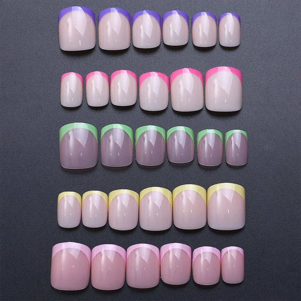 1BOX Candy Color French Short Square False Nails Pink/Green/Purple Full Cover Macarons Press On Nails DIY Artificial Manicure