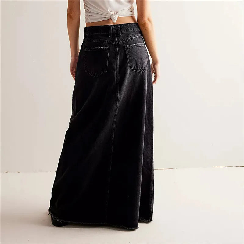 Vintage Women Denim Maxi Skirt Raw Hem A-Line Jean Skirt Casual Y2K Fashion High Waisted Long Denim Skirt with Pockets