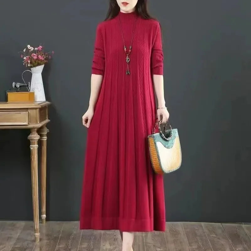 Autumn/Winter Women Knitted Dress 2025 New Solid Loose Pullover Half High Collar Long Knitted Sweater Dress Female High-Quality