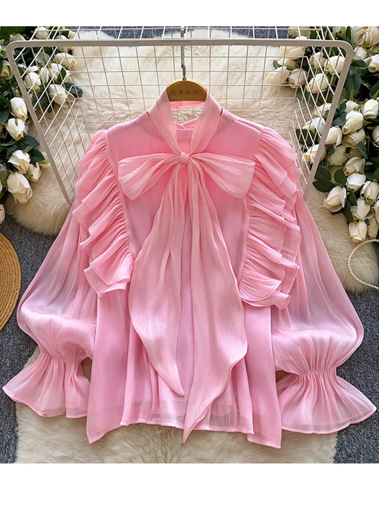 Women Blouse Elegant Bow-detailed Chiffon Blouse Ruffle Hem Featuring Lightweight Layering Piece Spring Summer Blusa Top BL341