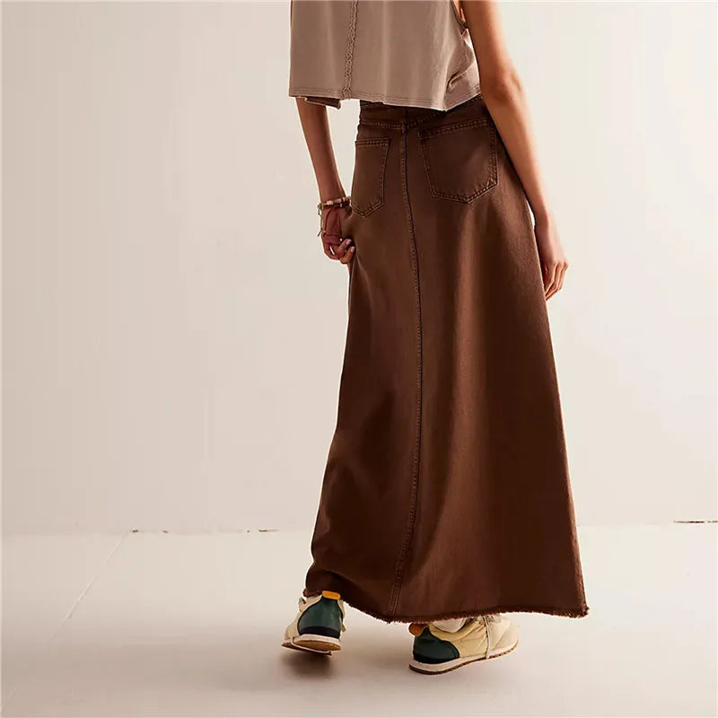 Vintage Women Denim Maxi Skirt Raw Hem A-Line Jean Skirt Casual Y2K Fashion High Waisted Long Denim Skirt with Pockets
