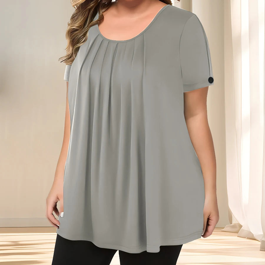 [Elegant Plus Size Blouse] Lightweight Polyester Women's Casual Crew Neck Short Sleeve Blouse, Plus Size | Solid Color, Subtle S