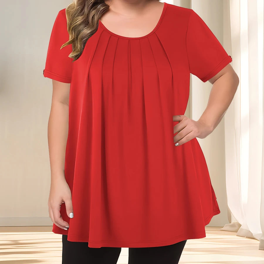 [Elegant Plus Size Blouse] Lightweight Polyester Women's Casual Crew Neck Short Sleeve Blouse, Plus Size | Solid Color, Subtle S