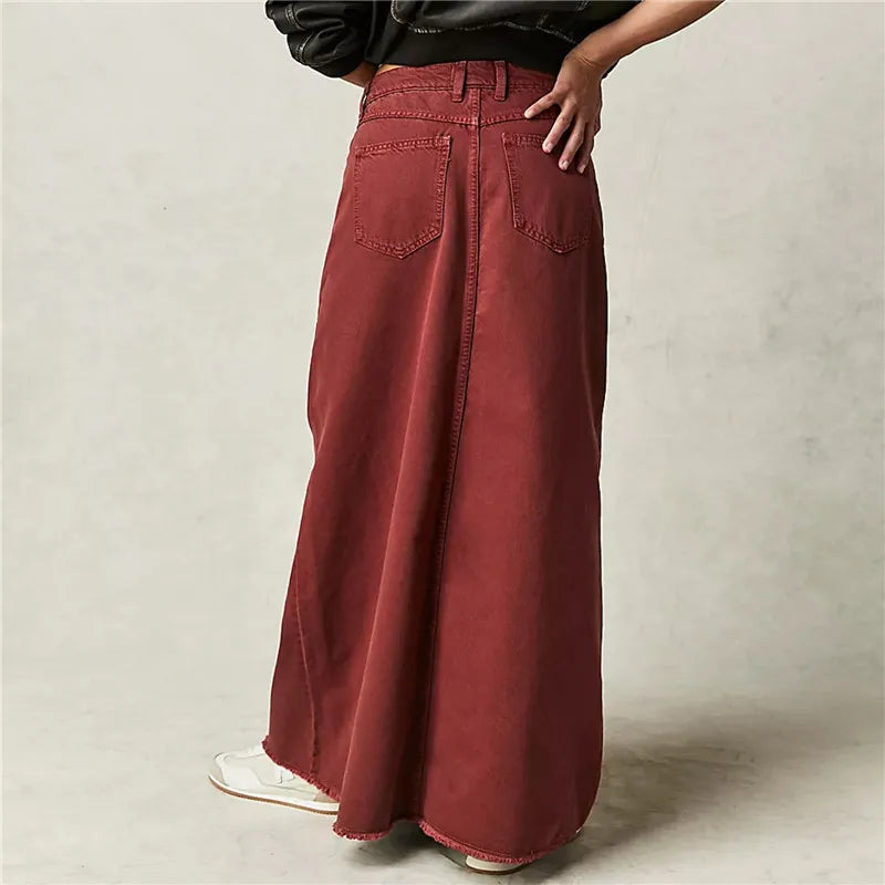 Vintage Women Denim Maxi Skirt Raw Hem A-Line Jean Skirt Casual Y2K Fashion High Waisted Long Denim Skirt with Pockets