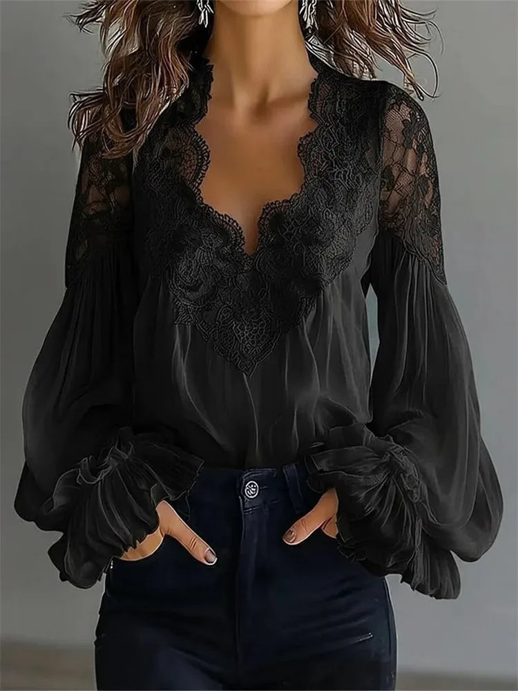 Women's Blouse Black White Elegant Sexy V-Neck Lace Splicing Lantern Sleeve Solid Blouse Fashion Loose Casual Shirts For Female
