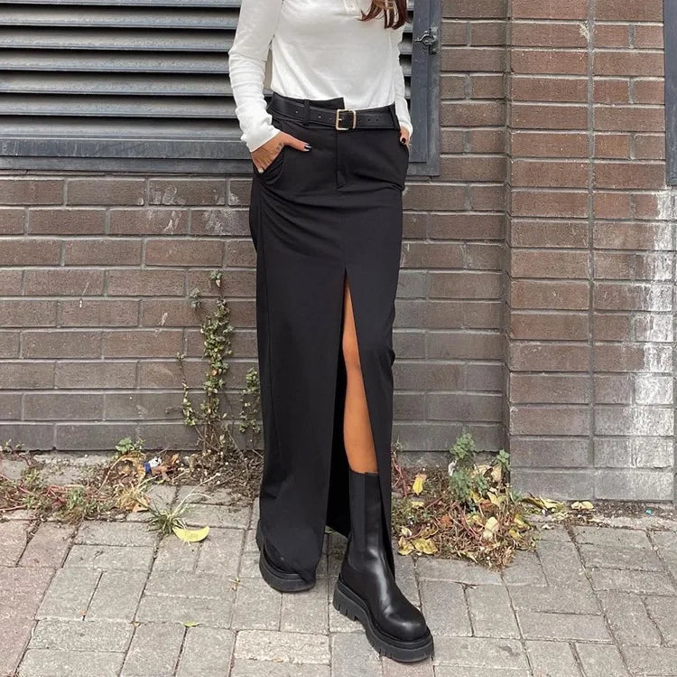 Black Skirt 2025 Summer Design Split Satin Women's Long Skirt