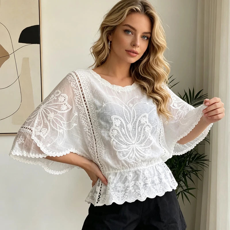 Women's Blouse Summer Fashion Elegant Women's Chiffon Shirt Hollow Out Three Quarter Shirts Butterfly Flower Lady Tops Clothing
