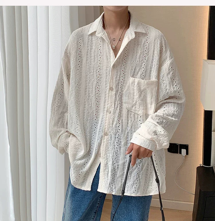 New Men's Personalized Shirts Men Handsome Lapel Blouse Vacation Hollow Out Sexy Fashion Clothing Male Mesh Long Sleeve Shirts