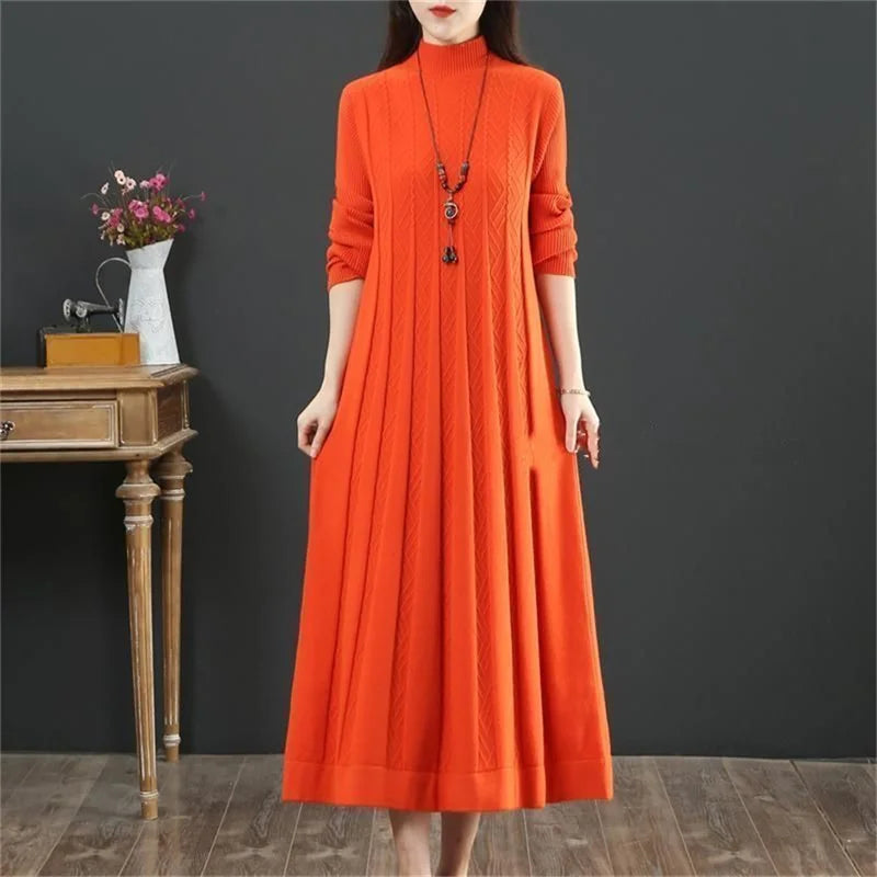 Autumn/Winter Women Knitted Dress 2025 New Solid Loose Pullover Half High Collar Long Knitted Sweater Dress Female High-Quality