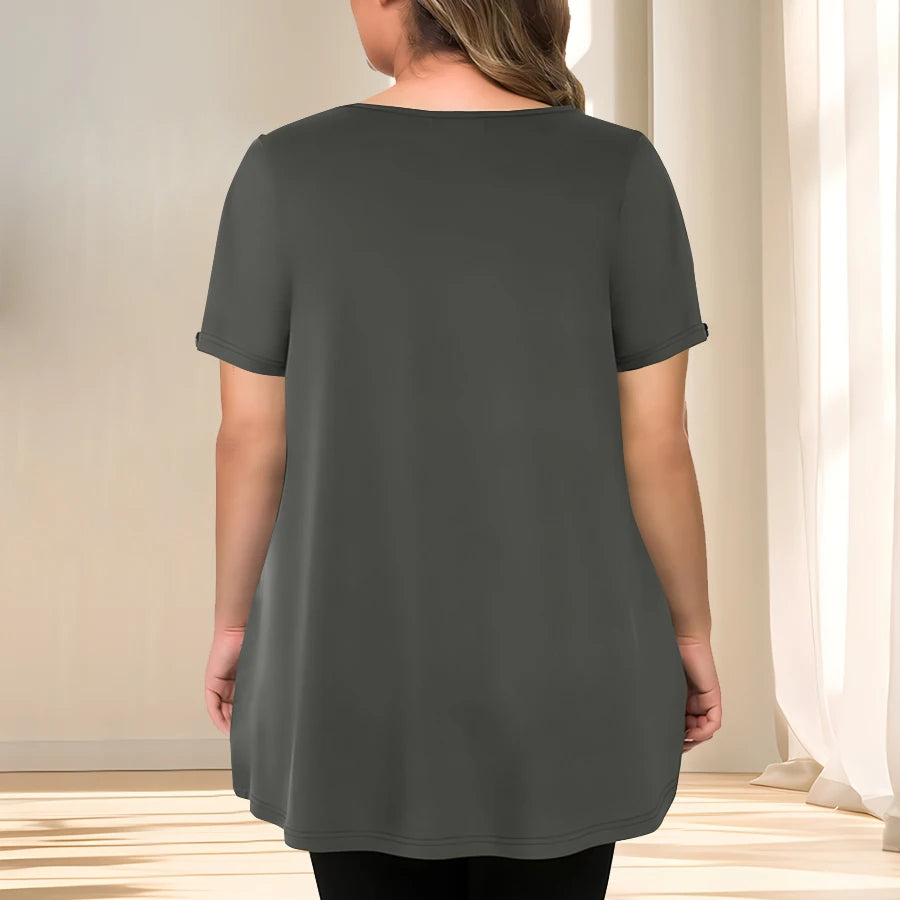 [Elegant Plus Size Blouse] Lightweight Polyester Women's Casual Crew Neck Short Sleeve Blouse, Plus Size | Solid Color, Subtle S