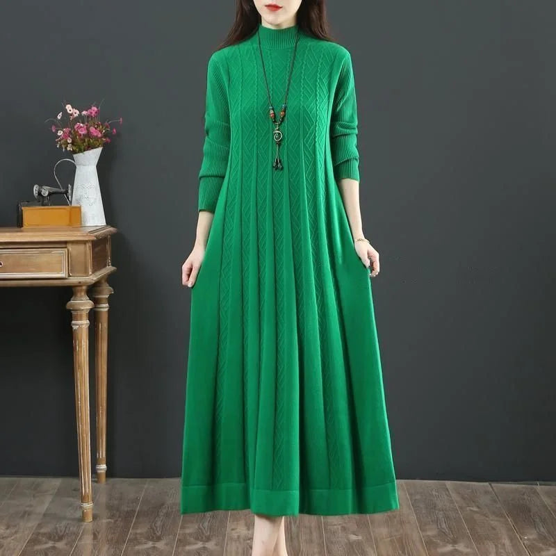 Autumn/Winter Women Knitted Dress 2025 New Solid Loose Pullover Half High Collar Long Knitted Sweater Dress Female High-Quality