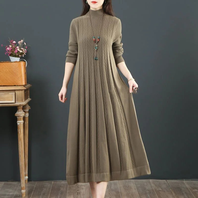 Autumn/Winter Women Knitted Dress 2025 New Solid Loose Pullover Half High Collar Long Knitted Sweater Dress Female High-Quality