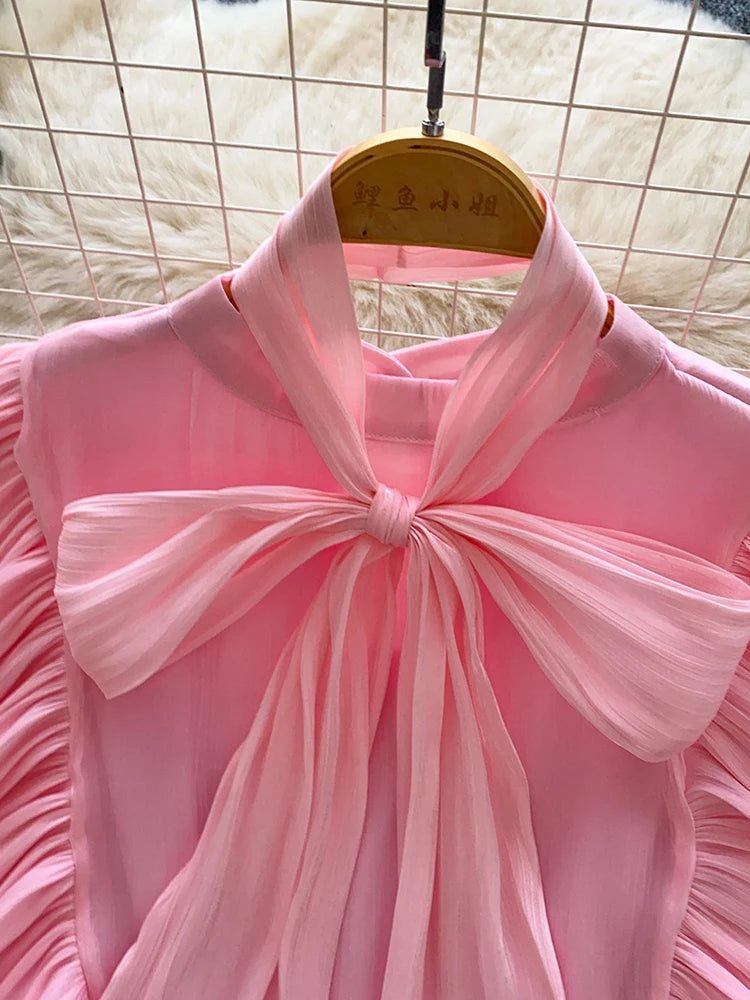 Women Blouse Elegant Bow-detailed Chiffon Blouse Ruffle Hem Featuring Lightweight Layering Piece Spring Summer Blusa Top BL341