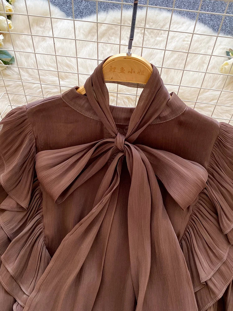 Women Blouse Elegant Bow-detailed Chiffon Blouse Ruffle Hem Featuring Lightweight Layering Piece Spring Summer Blusa Top BL341