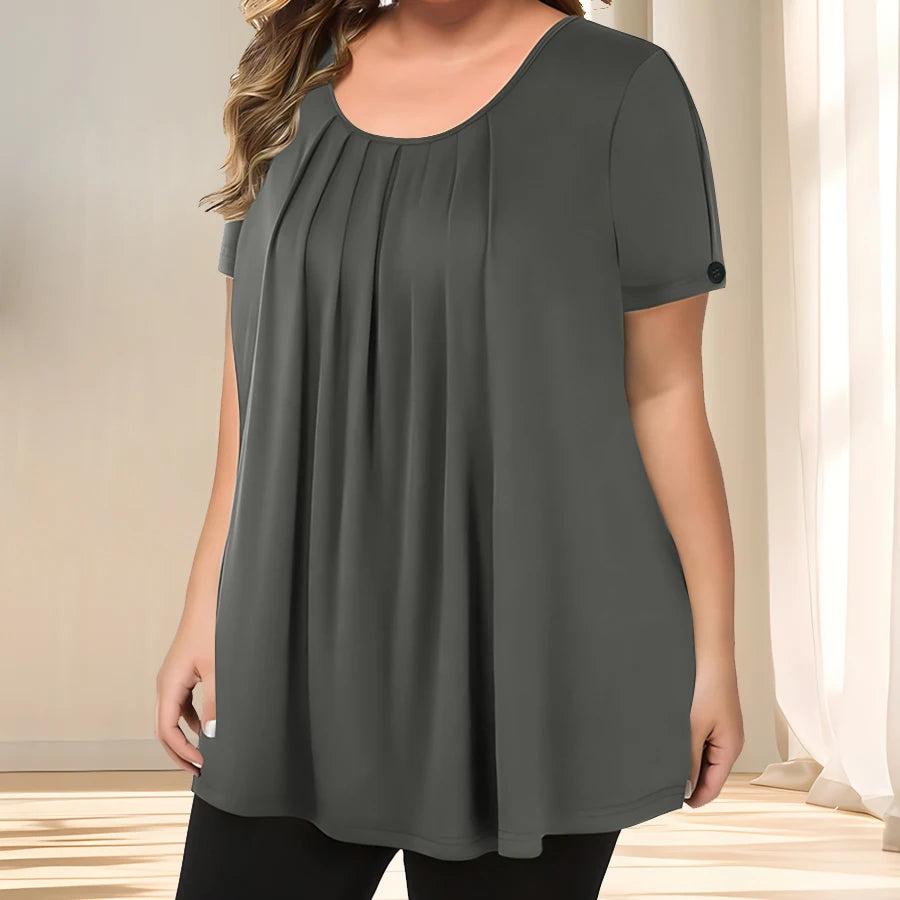 [Elegant Plus Size Blouse] Lightweight Polyester Women's Casual Crew Neck Short Sleeve Blouse, Plus Size | Solid Color, Subtle S