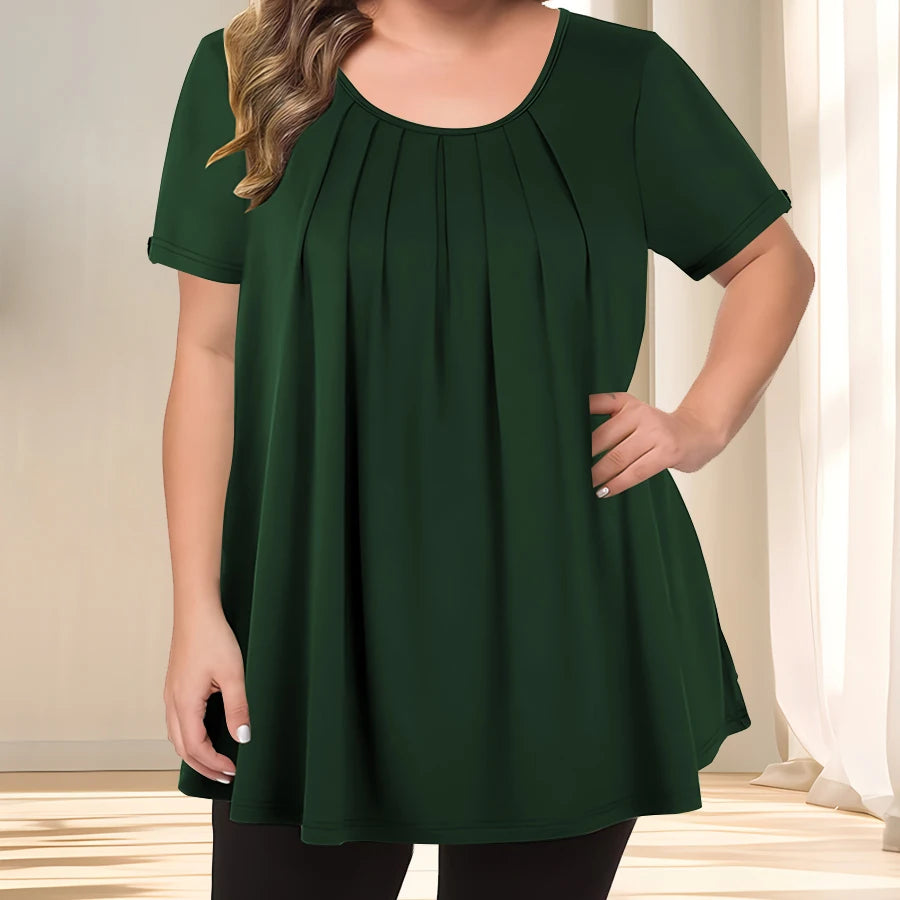 [Elegant Plus Size Blouse] Lightweight Polyester Women's Casual Crew Neck Short Sleeve Blouse, Plus Size | Solid Color, Subtle S