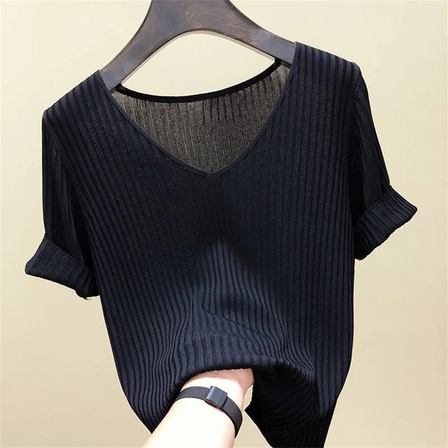 2026 Summer Blouse Women Blusas Mujer De Moda Verano Short Sleeve Blouse V-Neck Knitted Blouse Shirt Tops Women Blusas