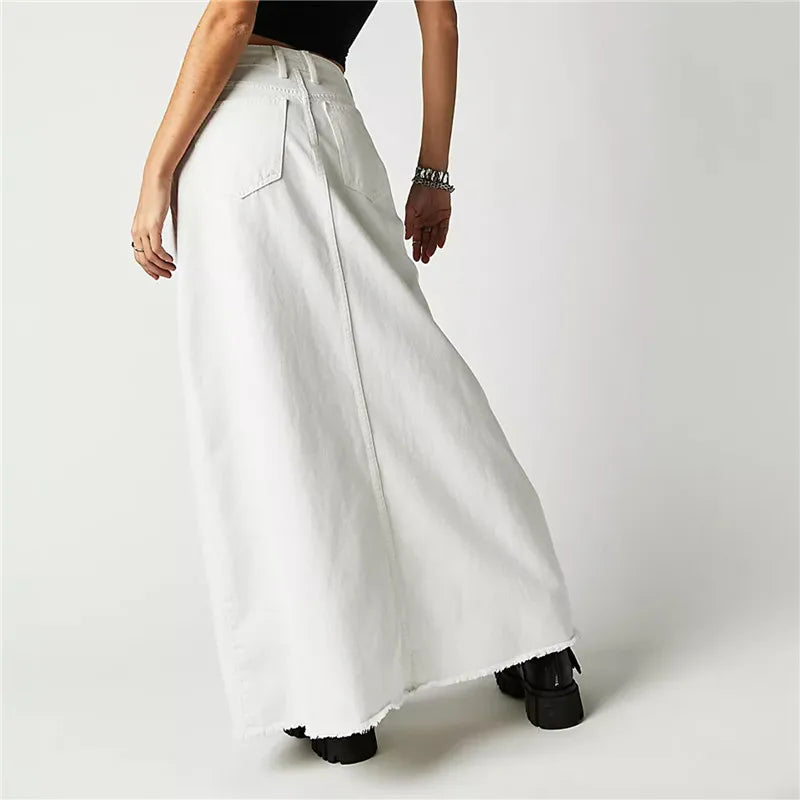 Vintage Women Denim Maxi Skirt Raw Hem A-Line Jean Skirt Casual Y2K Fashion High Waisted Long Denim Skirt with Pockets