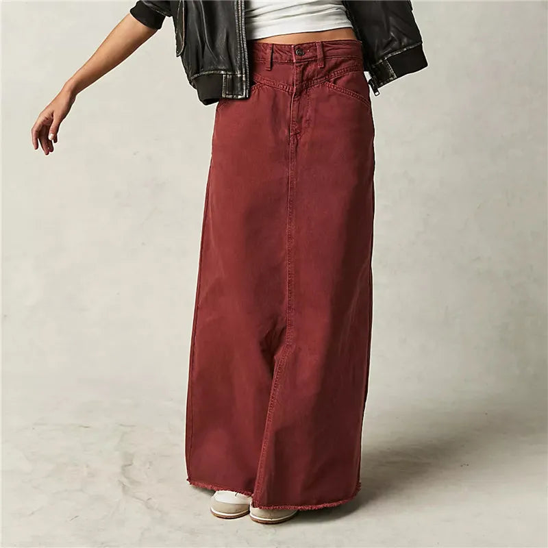 Vintage Women Denim Maxi Skirt Raw Hem A-Line Jean Skirt Casual Y2K Fashion High Waisted Long Denim Skirt with Pockets