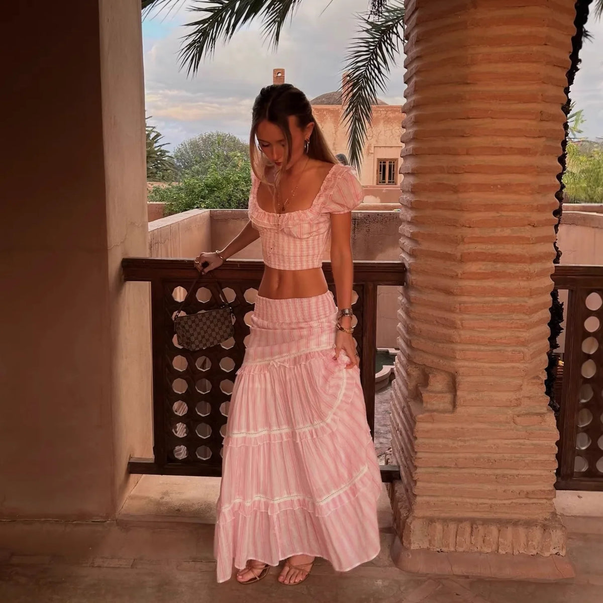 Striped Skirt Two-piece Summer New Product Bubble Sleeve Square Neck Short Top Low Waist Layered Skirt Women