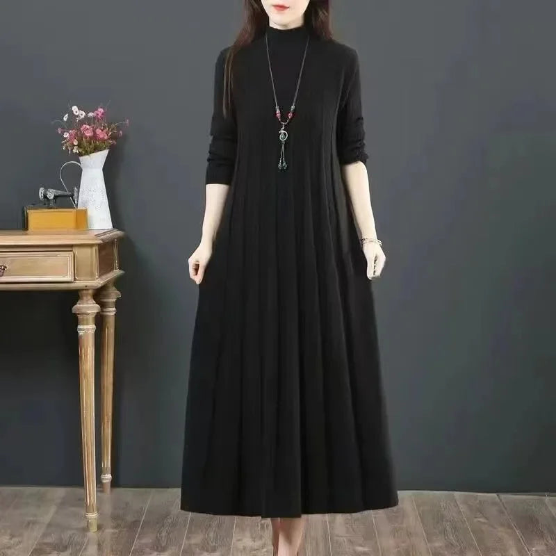 Autumn/Winter Women Knitted Dress 2025 New Solid Loose Pullover Half High Collar Long Knitted Sweater Dress Female High-Quality