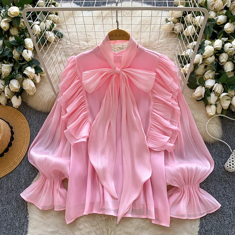 Women Blouse Elegant Bow-detailed Chiffon Blouse Ruffle Hem Featuring Lightweight Layering Piece Spring Summer Blusa Top BL341
