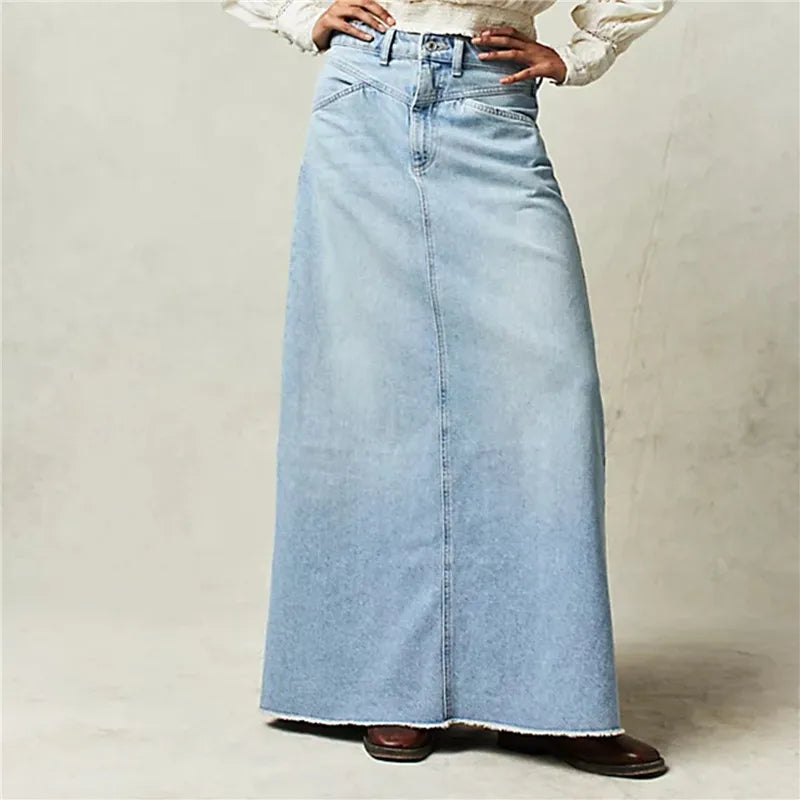Vintage Women Denim Maxi Skirt Raw Hem A-Line Jean Skirt Casual Y2K Fashion High Waisted Long Denim Skirt with Pockets