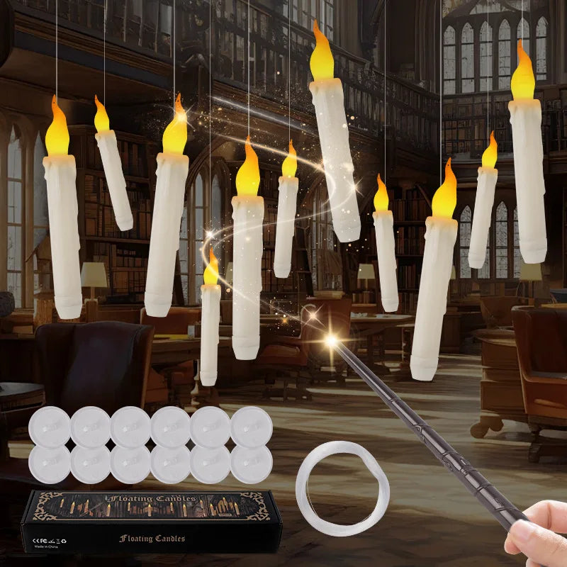 Magical Floating Candles with Wand Remote Control Flameless Hanging Candles for Halloween Wedding Christmas Birthday Party Decor