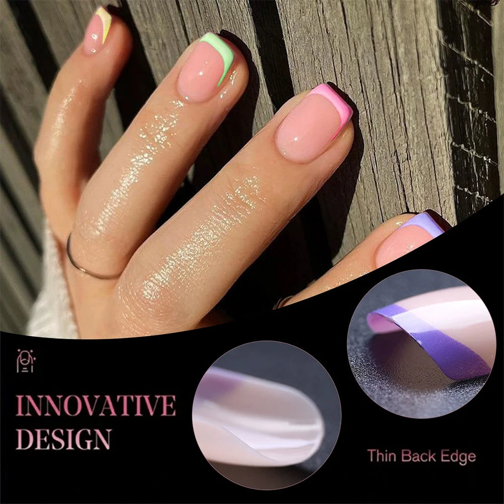1BOX Candy Color French Short Square False Nails Pink/Green/Purple Full Cover Macarons Press On Nails DIY Artificial Manicure