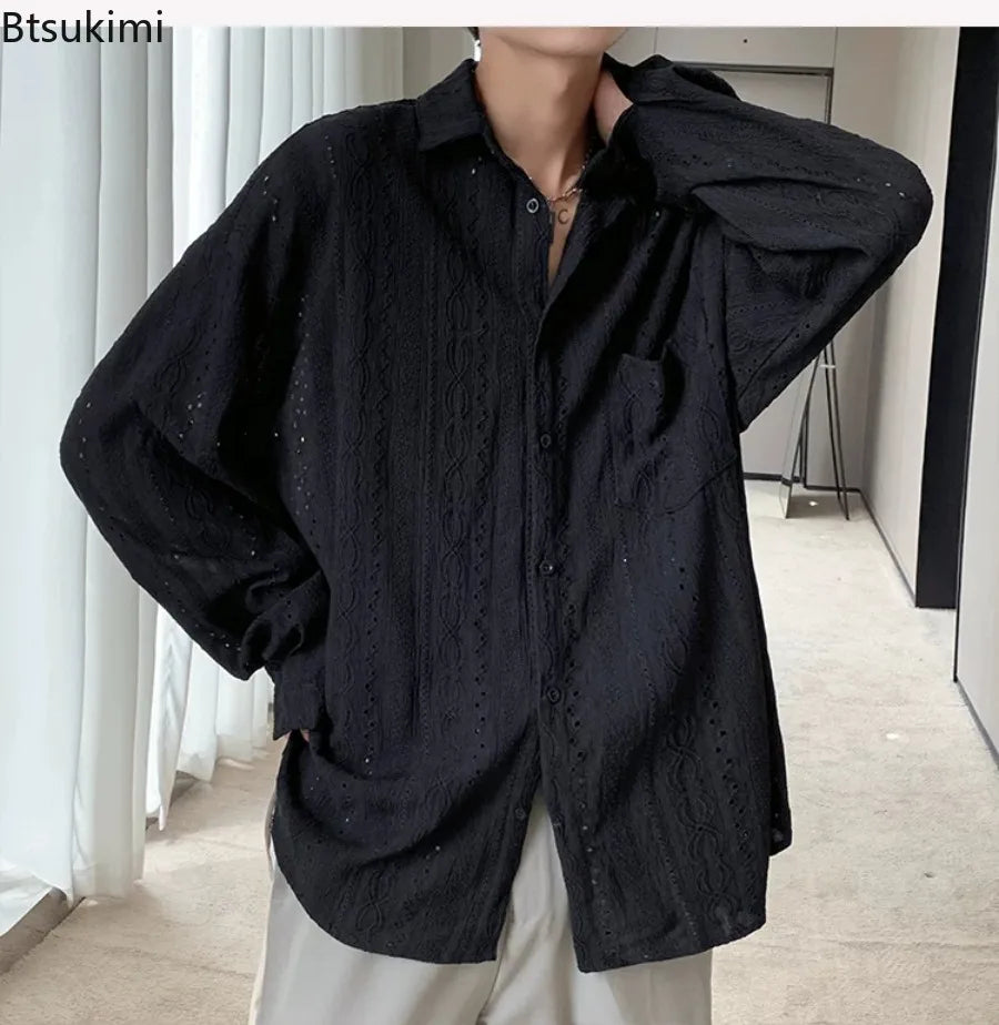 New Men's Personalized Shirts Men Handsome Lapel Blouse Vacation Hollow Out Sexy Fashion Clothing Male Mesh Long Sleeve Shirts