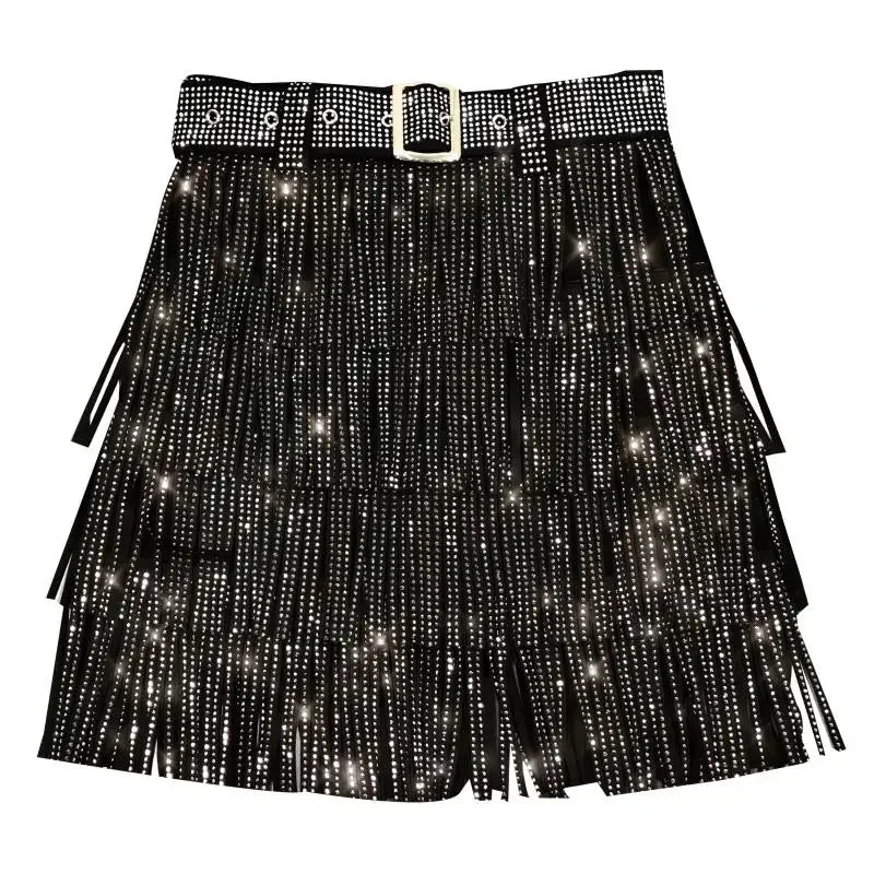 Women Skirt Fashion 2025 New Autumn High Waist Belt Multi Layer Short  Heavy Drilling Rhinestones Fringed Skirt with Cake A Line