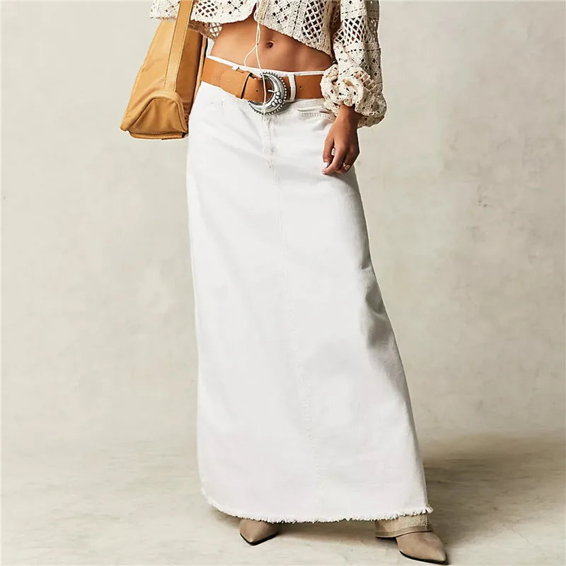 Vintage Women Denim Maxi Skirt Raw Hem A-Line Jean Skirt Casual Y2K Fashion High Waisted Long Denim Skirt with Pockets