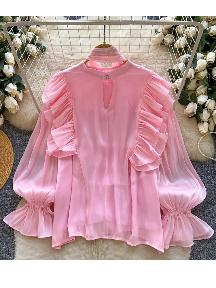 Women Blouse Elegant Bow-detailed Chiffon Blouse Ruffle Hem Featuring Lightweight Layering Piece Spring Summer Blusa Top BL341