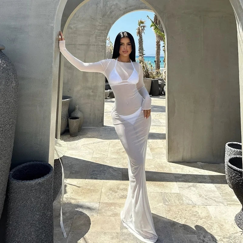 Women Slash Neck Mesh See-Through Dress New Sexy Slim Pullover Long Sleeve Floor-Length Solid Dresses Beach Style Swimsuit Cover