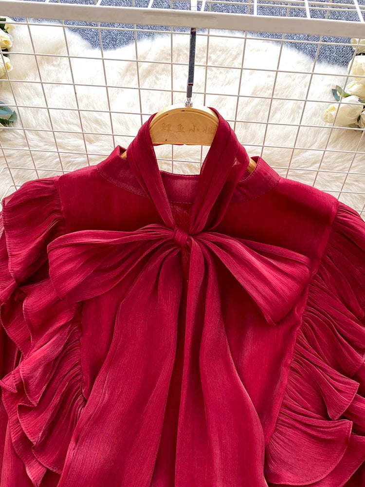 Women Blouse Elegant Bow-detailed Chiffon Blouse Ruffle Hem Featuring Lightweight Layering Piece Spring Summer Blusa Top BL341